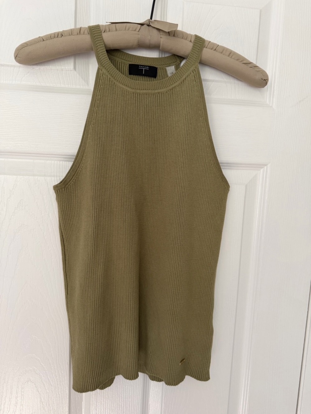 Tahari Olive Ribbed High-Neck Tank Top